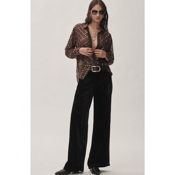 Anthropologie NWT Wide Leg Black Velvet Pants XS - Picture 2 of 11